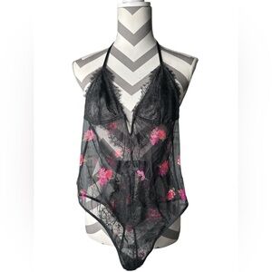 Victoria's Secret Black Lace Lingerie with Pink Floral Accents